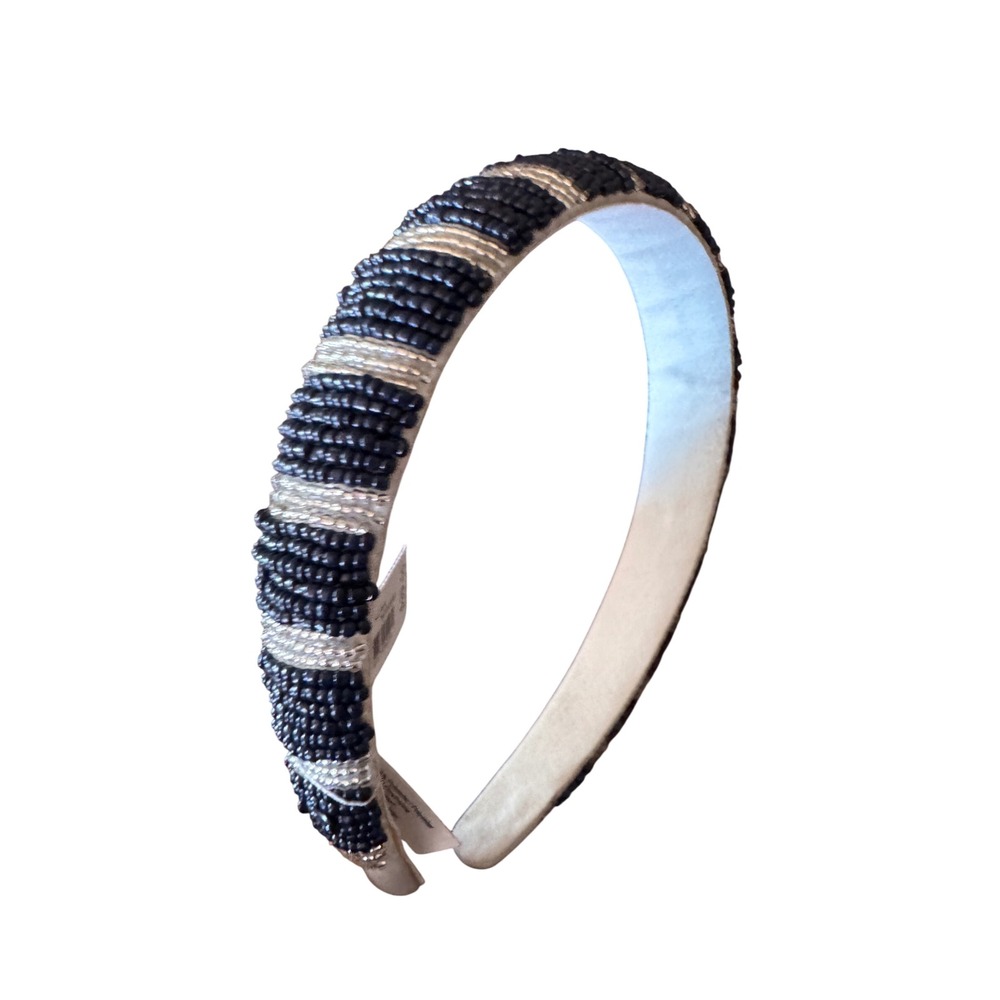 J. Crew Beaded Striped Beaded Puffy Headband Navy White Boho Chic Accessory NWT - Picture 2 of 6